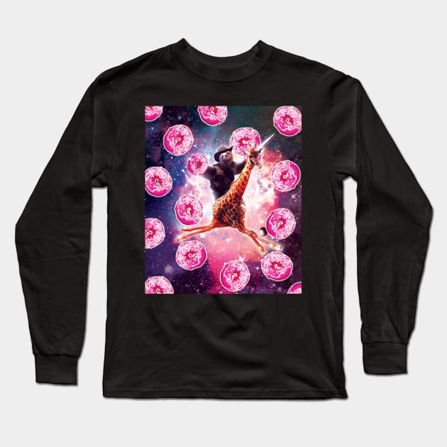 Cowboy Space Sloth On Giraffe Unicorn - Donut Long Sleeve T-Shirt by Random Galaxy